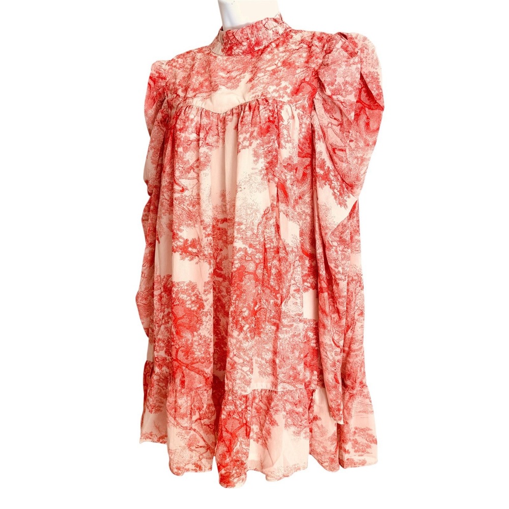 In The Style Babydoll Mini Dress 10 Pink Beige Toile High Neck Puff Sleeve Mock - Picture 5 of 14